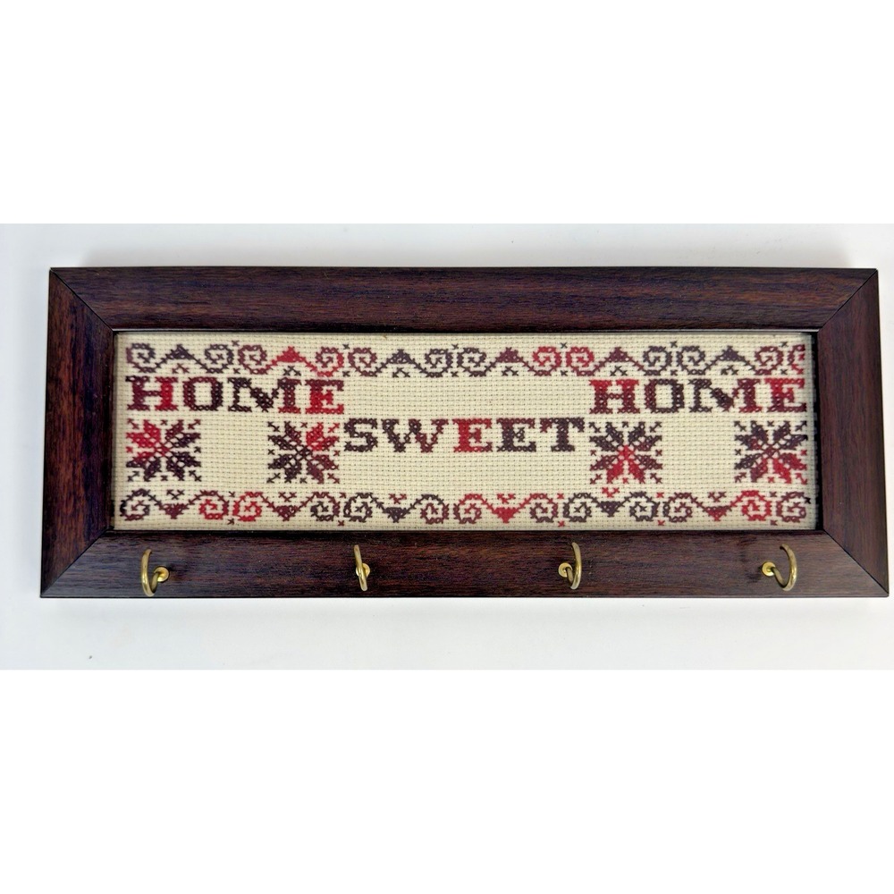 Home Sweet Home Cross Stitch Key Holder Wood Wall Rack Vintage Farm Decor